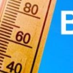 Thermometer in front of a hot summer sky, with title "Beat the Heat.:"