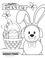 Image of a coloring page with a dog and an Easter basket on it