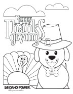 Image of a coloring page with a dog and a Thanksgiving turkey on it