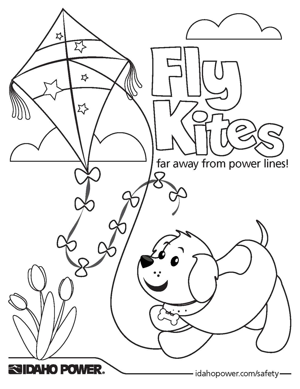Image of dog and a kite saying "fly kites far away from powerlines"