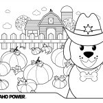 Image of a coloring page with a dog in front of a barn and pumpkin patch on it